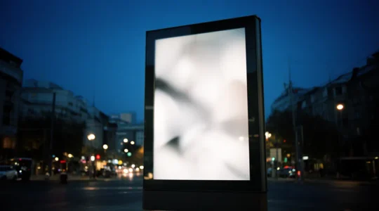 Vision nocturne d'un panneau publicitaire rétro-éclairé urbain avec effet lumineux