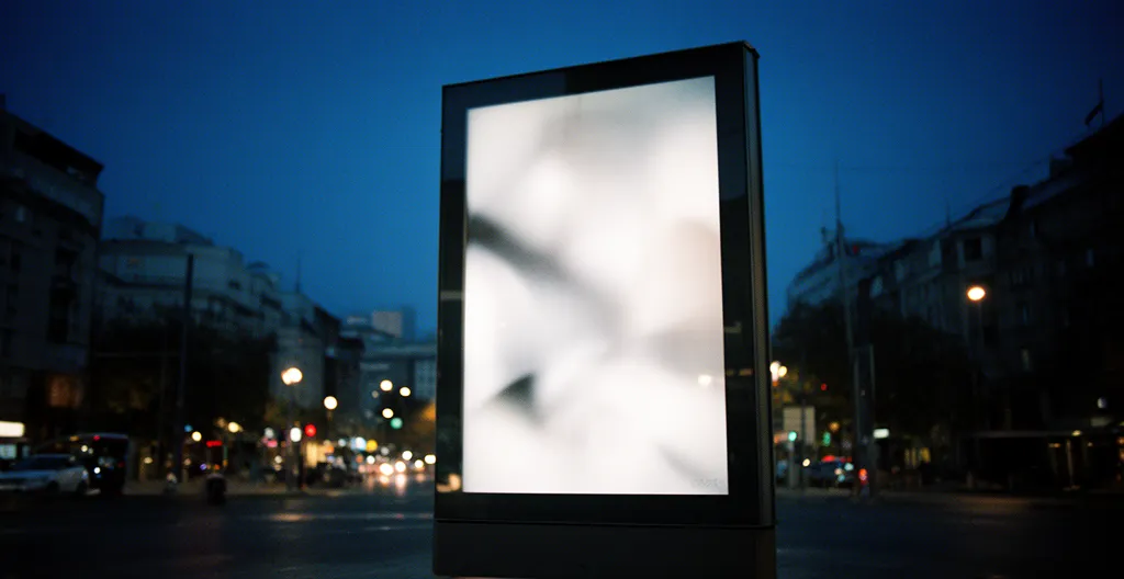 Vision nocturne d'un panneau publicitaire rétro-éclairé urbain avec effet lumineux