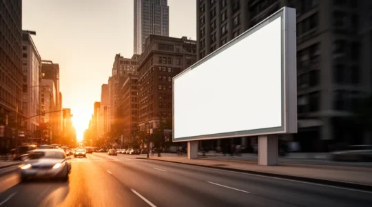 Vue dynamique d'une affiche publicitaire grand format dans un environnement urbain avec effet de mouvement