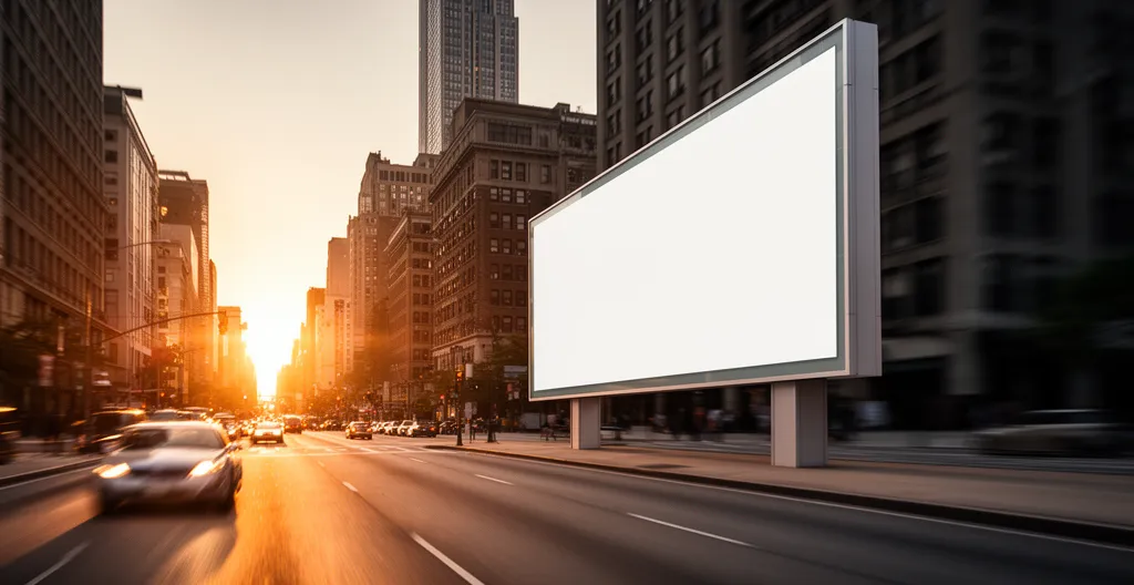 Vue dynamique d'une affiche publicitaire grand format dans un environnement urbain avec effet de mouvement