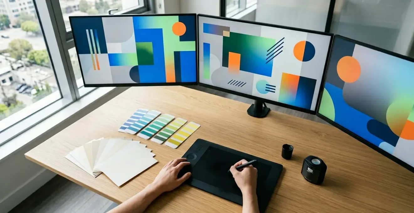 Espace de travail moderne de designer montrant un processus d'automatisation de catalogue avec écrans multiples et workflow organisé