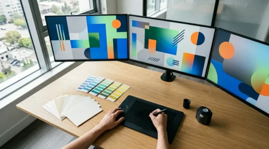 Espace de travail moderne de designer montrant un processus d'automatisation de catalogue avec écrans multiples et workflow organisé
