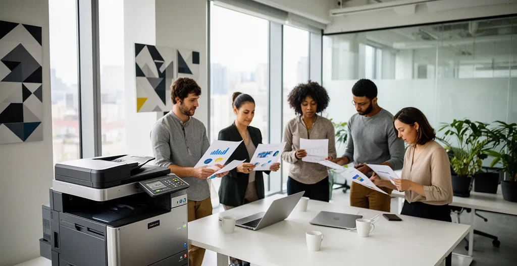 Bureau moderne avec une imprimante professionnelle multifonction et une équipe de 5 personnes travaillant sur des documents
