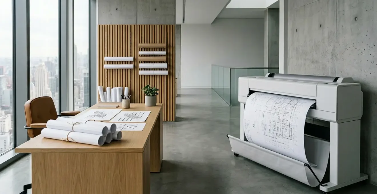 Bureau d'architectes moderne avec traceur grand format imprimant des plans A0 détaillés