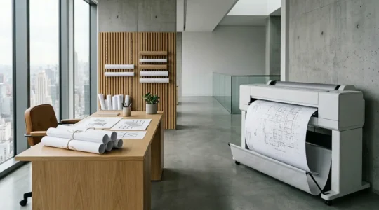 Bureau d'architectes moderne avec traceur grand format imprimant des plans A0 détaillés
