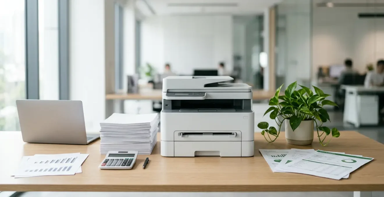 Analyse des coûts d'impression avec calculatrice et documents sur bureau