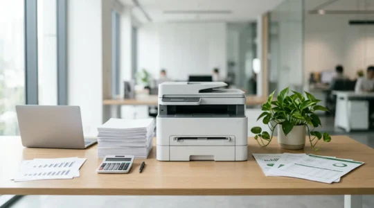 Analyse des coûts d'impression avec calculatrice et documents sur bureau