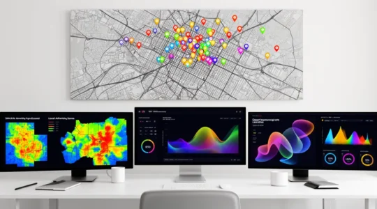 Tableau de bord d'analyse ROI avec cartes géographiques, graphiques de performance et affiches publicitaires sur fond urbain