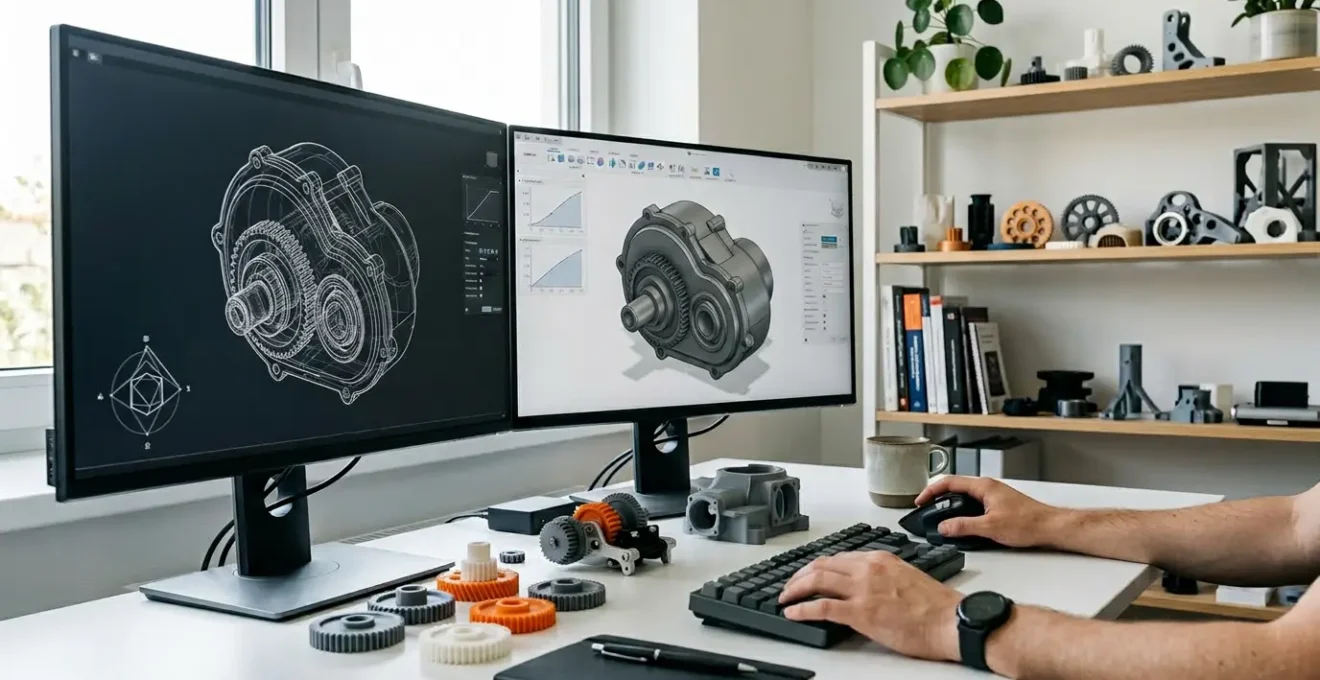Espace de travail CAO moderne montrant une pièce 3D complexe en cours de modélisation avec des outils paramétriques visibles