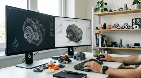 Espace de travail CAO moderne montrant une pièce 3D complexe en cours de modélisation avec des outils paramétriques visibles