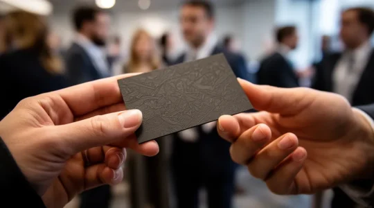 Mains professionnelles échangeant des cartes de visite sophistiquées lors d'un événement réseau