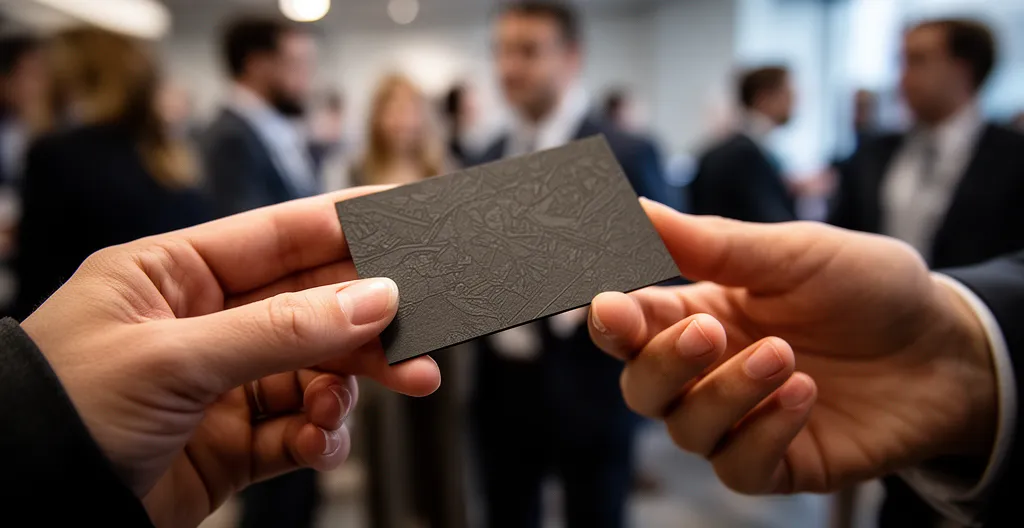 Mains professionnelles échangeant des cartes de visite sophistiquées lors d'un événement réseau