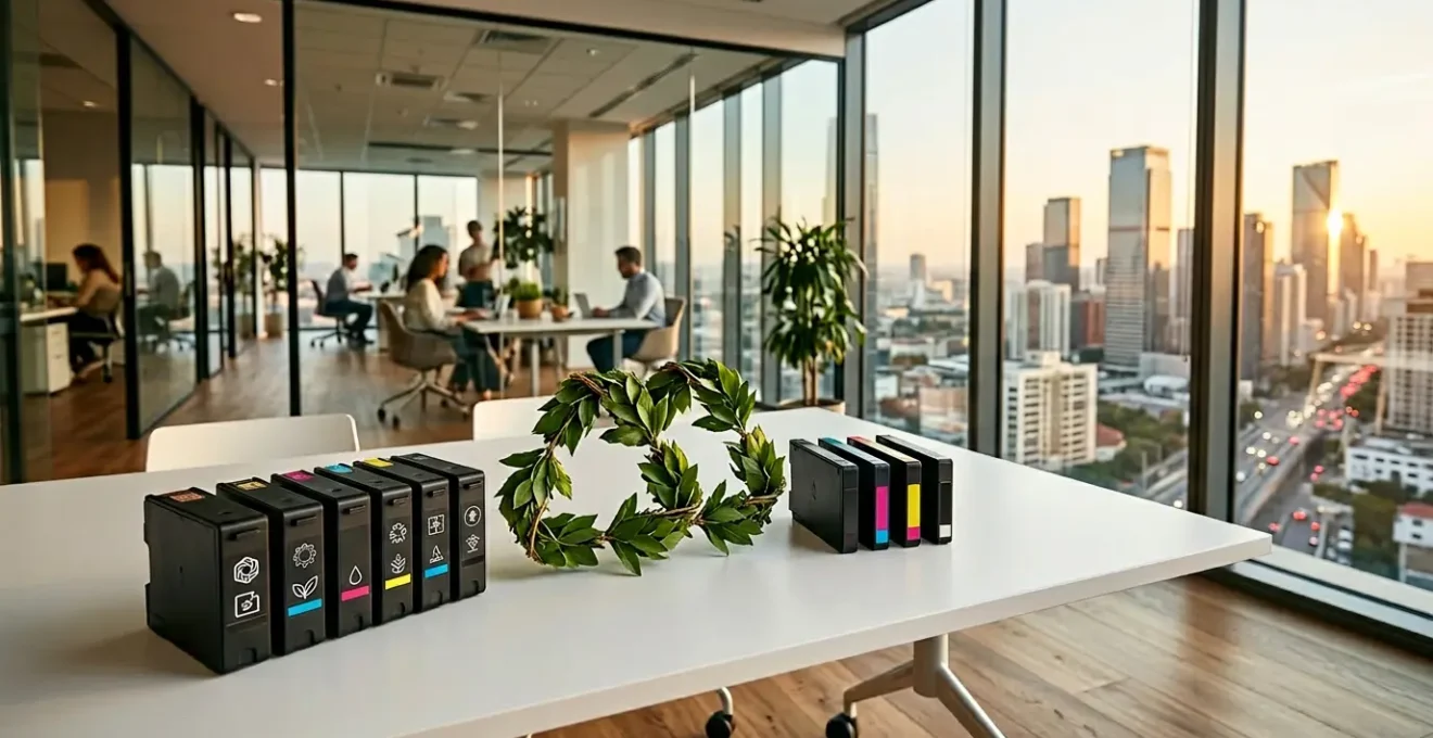 Vue comparative de cartouches d'encre remanufacturées dans un environnement professionnel avec documents administratifs