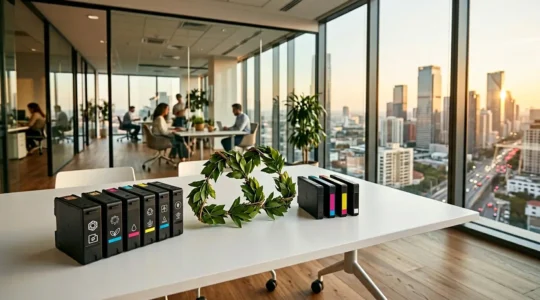 Vue comparative de cartouches d'encre remanufacturées dans un environnement professionnel avec documents administratifs