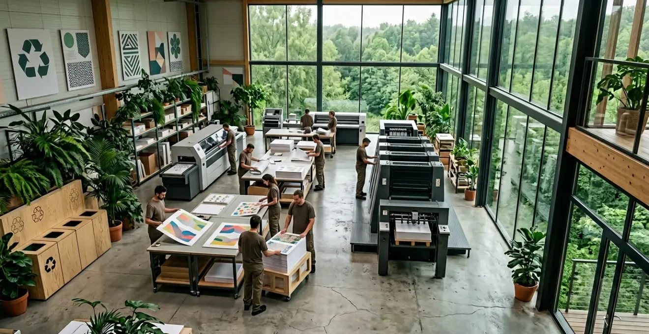 Vue en plongée d'un atelier d'impression moderne avec certifications écologiques