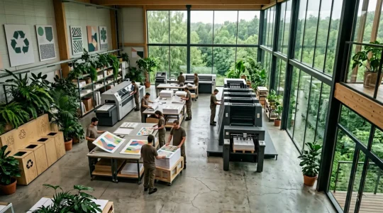 Vue en plongée d'un atelier d'impression moderne avec certifications écologiques