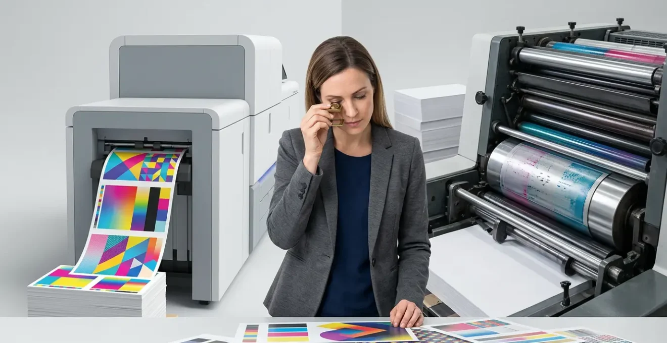 Comparaison visuelle entre impression numérique et offset pour campagne marketing de petite série