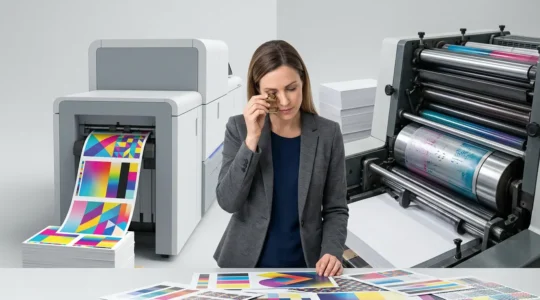 Comparaison visuelle entre impression numérique et offset pour campagne marketing de petite série