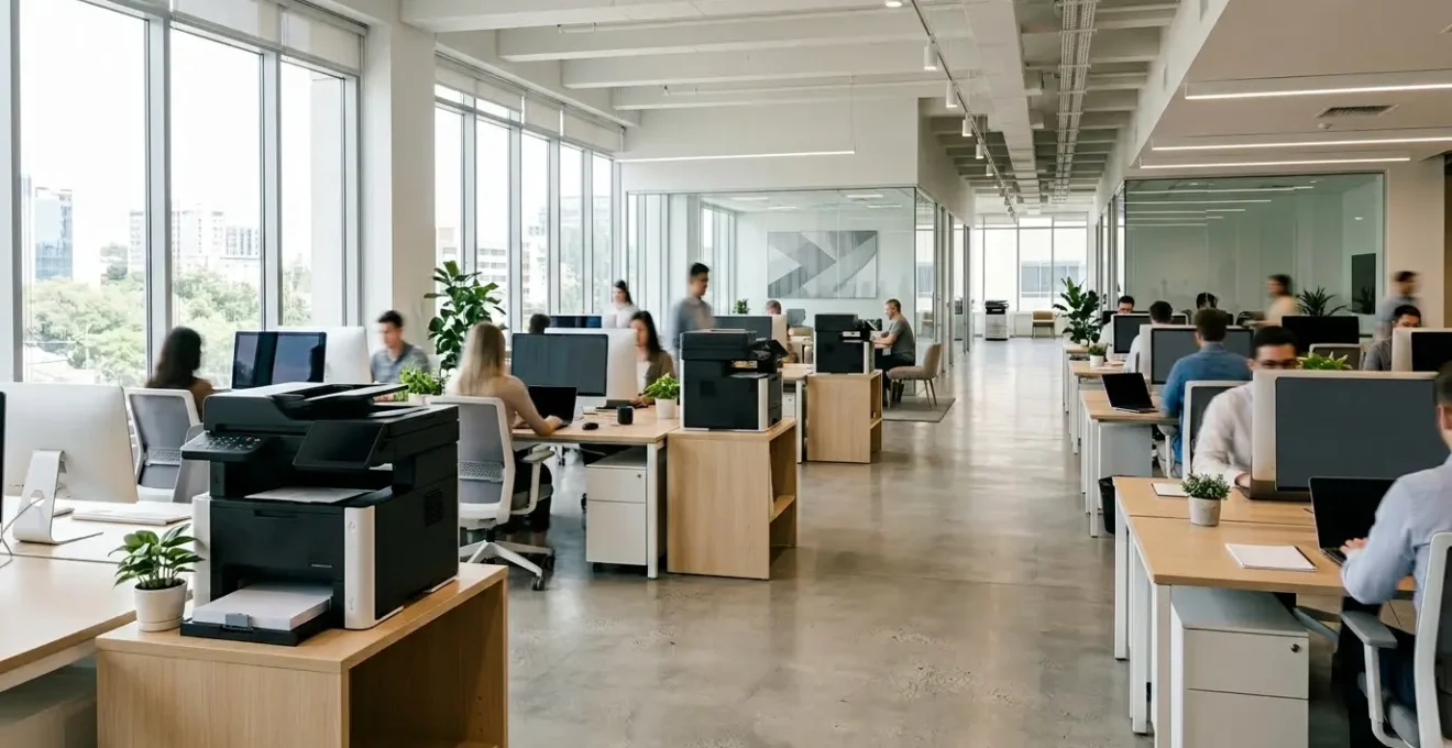 Environnement de bureau moderne avec plusieurs imprimantes professionnelles multifonctions dans un espace épuré