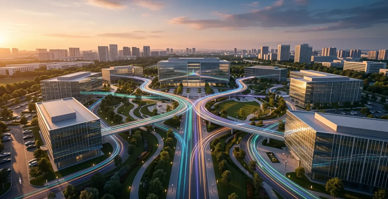 Vue aérienne d'un réseau de bureaux connectés par des faisceaux lumineux représentant la cohérence colorimétrique de la marque