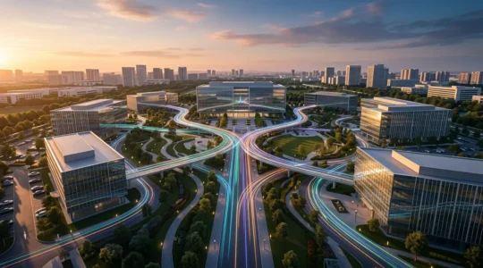 Vue aérienne d'un réseau de bureaux connectés par des faisceaux lumineux représentant la cohérence colorimétrique de la marque