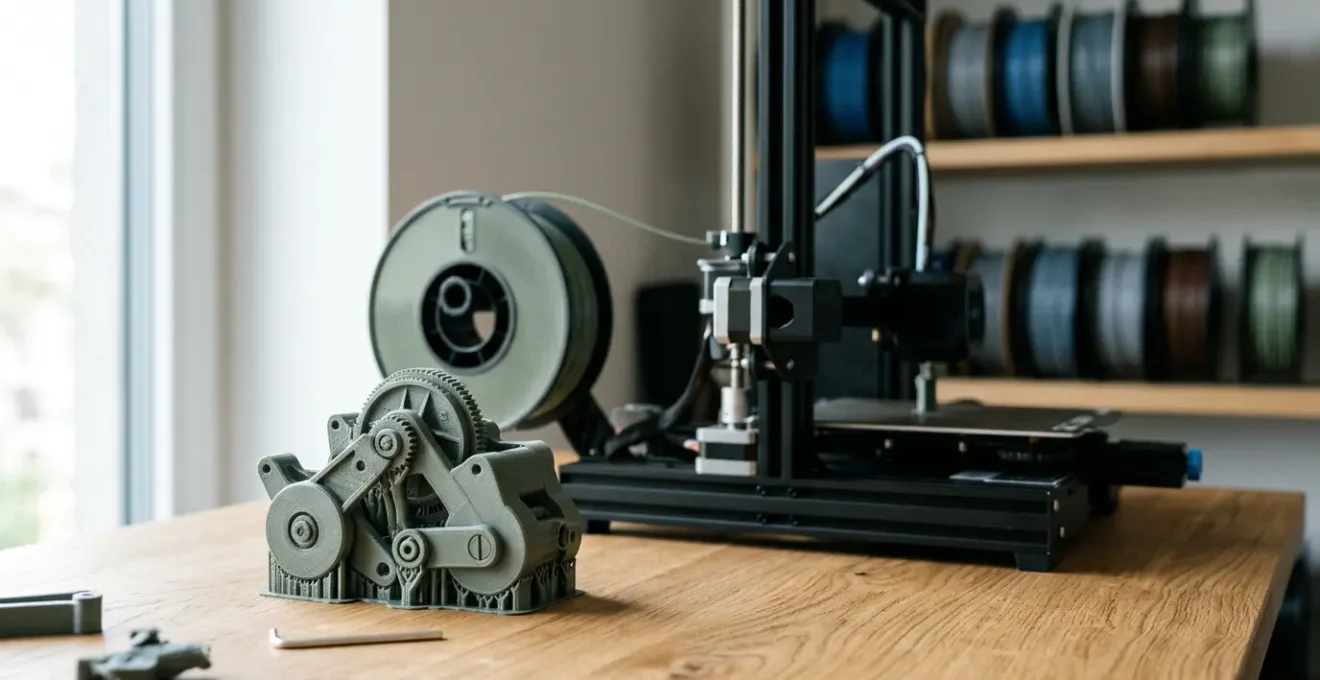 Vue rapprochée d'un écran d'ordinateur affichant une interface de slicer avec un modèle 3D en cours de découpage, entouré d'outils d'impression et de pièces finies