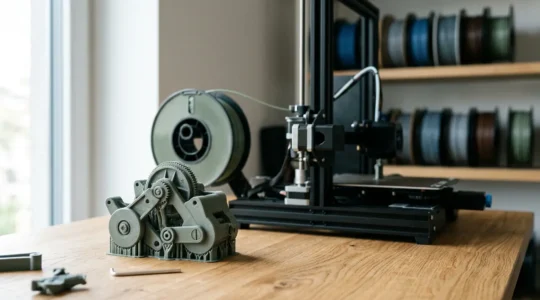 Vue rapprochée d'un écran d'ordinateur affichant une interface de slicer avec un modèle 3D en cours de découpage, entouré d'outils d'impression et de pièces finies