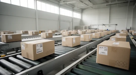 Centre de distribution avec packages en mouvement et système de suivi automatisé