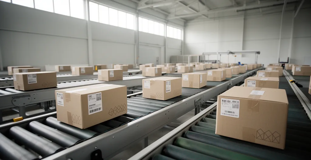 Centre de distribution avec packages en mouvement et système de suivi automatisé