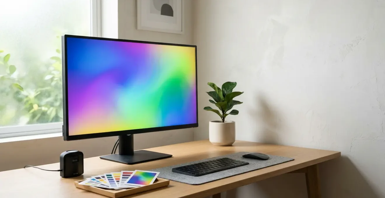Moniteur professionnel arts graphiques avec gamut large affichant une palette colorimétrique et sonde de calibration