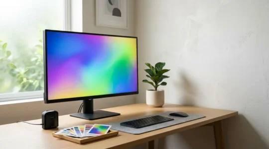 Moniteur professionnel arts graphiques avec gamut large affichant une palette colorimétrique et sonde de calibration