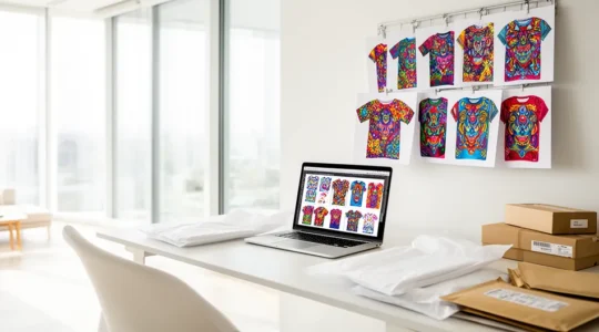 Entrepreneur travaillant sur des designs POD dans un bureau créatif lumineux