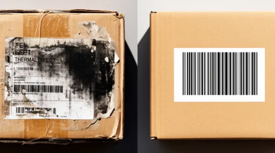 Comparaison visuelle de deux étiquettes d'expédition exposées à la chaleur et au soleil sur un colis dans un environnement logistique
