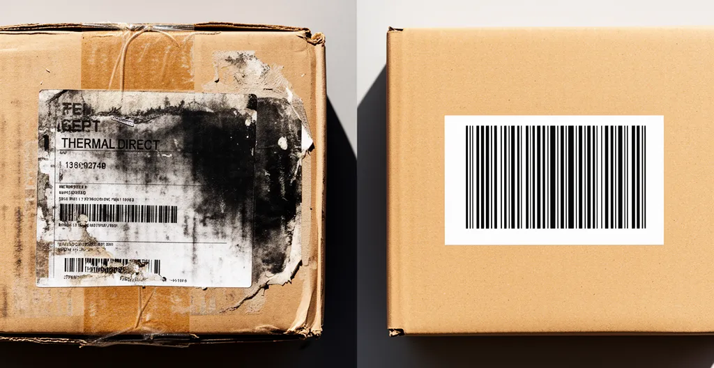 Comparaison visuelle de deux étiquettes d'expédition exposées à la chaleur et au soleil sur un colis dans un environnement logistique