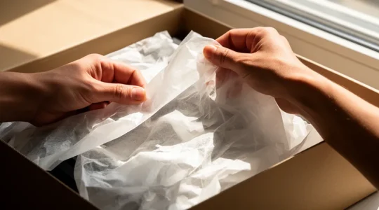 Mains ouvrant délicatement un colis premium avec papier de soie et carte personnalisée