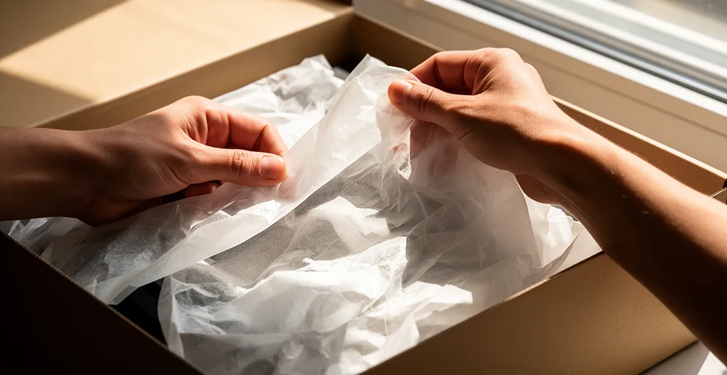 Mains ouvrant délicatement un colis premium avec papier de soie et carte personnalisée