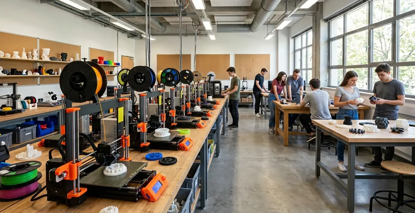 Vue en plongée d'un FabLab scolaire avec plusieurs imprimantes 3D FDM et des élèves travaillant sur leurs projets