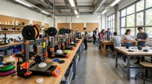 Vue en plongée d'un FabLab scolaire avec plusieurs imprimantes 3D FDM et des élèves travaillant sur leurs projets