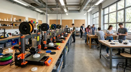 Vue en plongée d'un FabLab scolaire avec plusieurs imprimantes 3D FDM et des élèves travaillant sur leurs projets