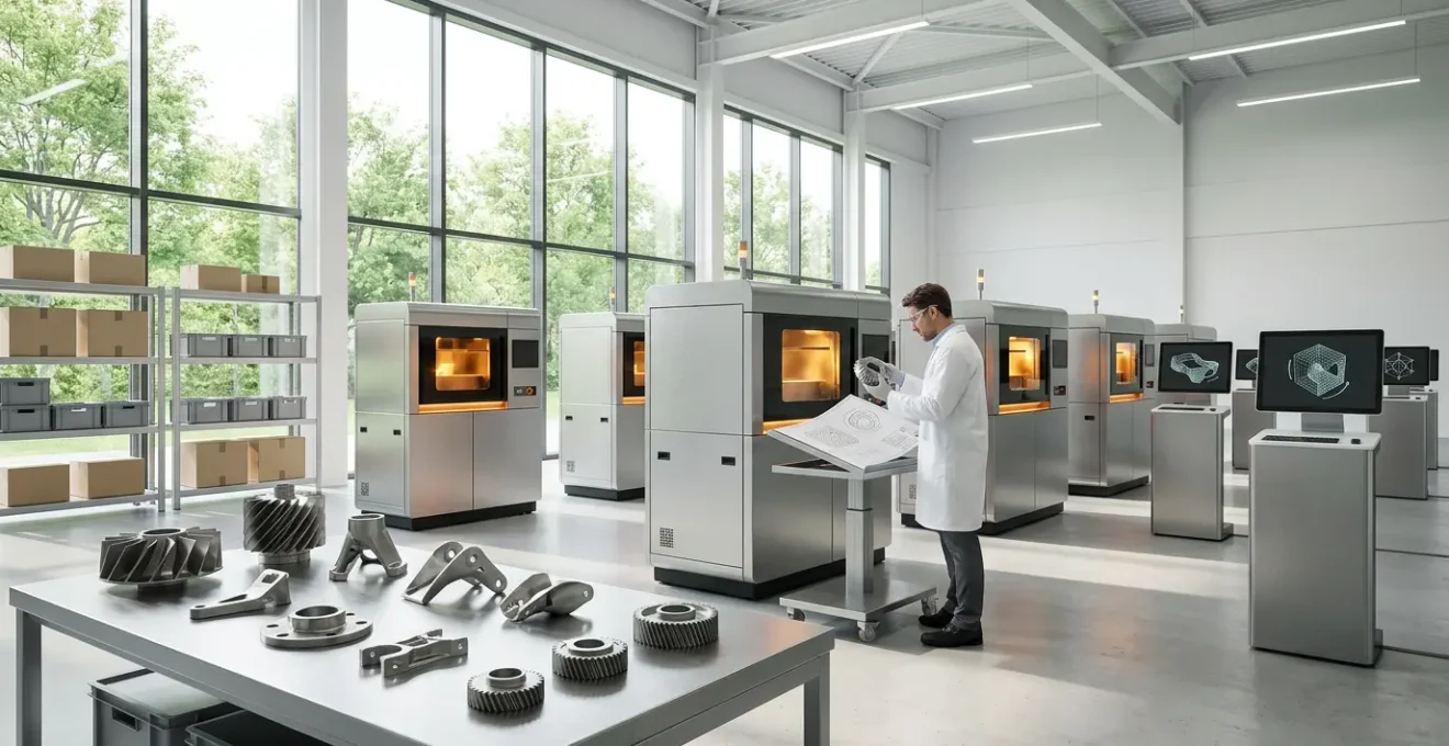 Vue panoramique d'un atelier industriel moderne avec imprimantes 3D professionnelles et pièces métalliques