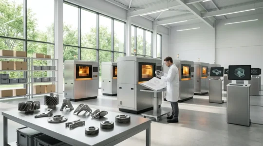 Vue panoramique d'un atelier industriel moderne avec imprimantes 3D professionnelles et pièces métalliques