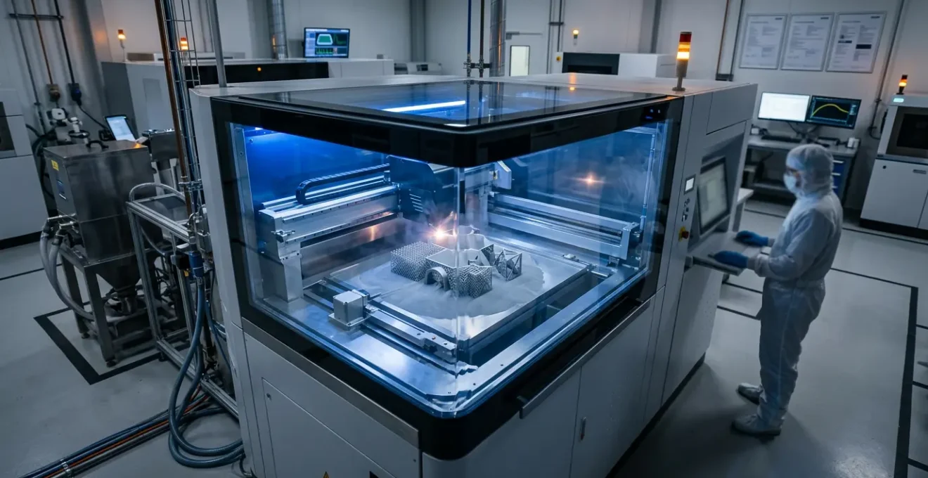 Vue en coupe d'une pièce métallique complexe imprimée en 3D avec structure interne visible, montrant les différentes couches de fabrication et la précision des détails internes