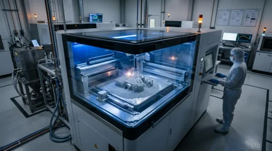 Vue en coupe d'une pièce métallique complexe imprimée en 3D avec structure interne visible, montrant les différentes couches de fabrication et la précision des détails internes