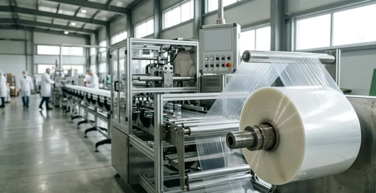 Ligne de production d'emballages souples avec films barrières recyclables en gros plan montrant la transparence et la flexibilité du matériau