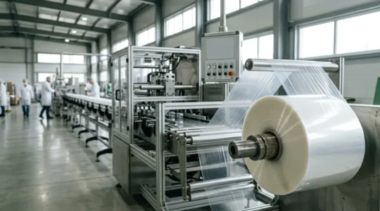 Ligne de production d'emballages souples avec films barrières recyclables en gros plan montrant la transparence et la flexibilité du matériau