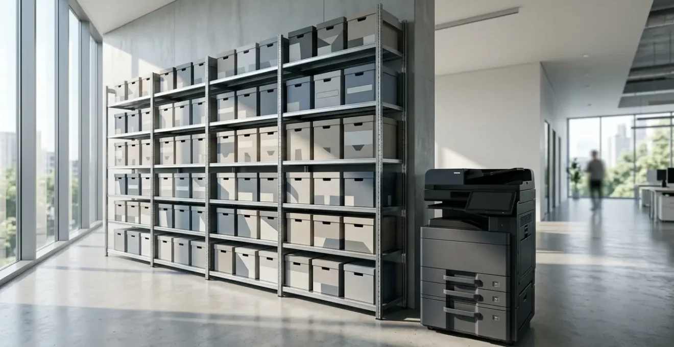 Vue d'ensemble d'un espace de stockage professionnel avec étagères organisées et zone d'impression