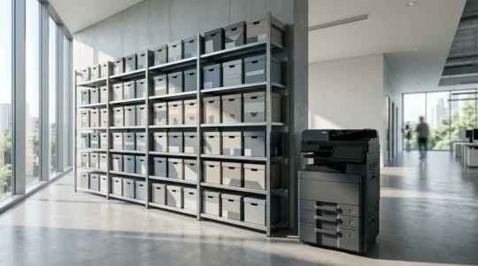 Vue d'ensemble d'un espace de stockage professionnel avec étagères organisées et zone d'impression