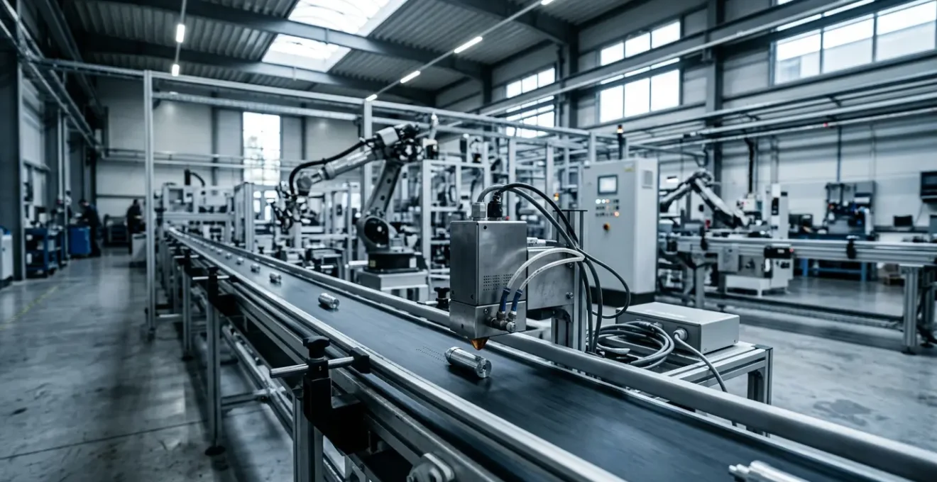 Ligne de production industrielle automatisée avec système d'impression jet d'encre intégré marquant des codes sur des produits en mouvement