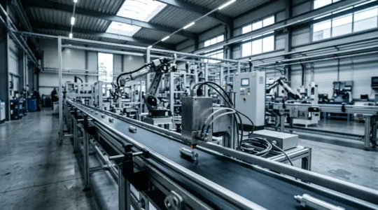 Ligne de production industrielle automatisée avec système d'impression jet d'encre intégré marquant des codes sur des produits en mouvement