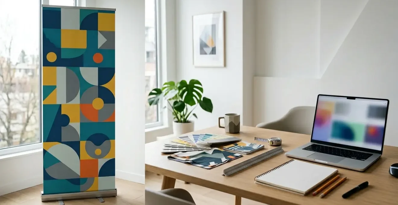 Conception d'un visuel de roll-up professionnel avec éléments graphiques et outils de design sur un bureau d'agence créative